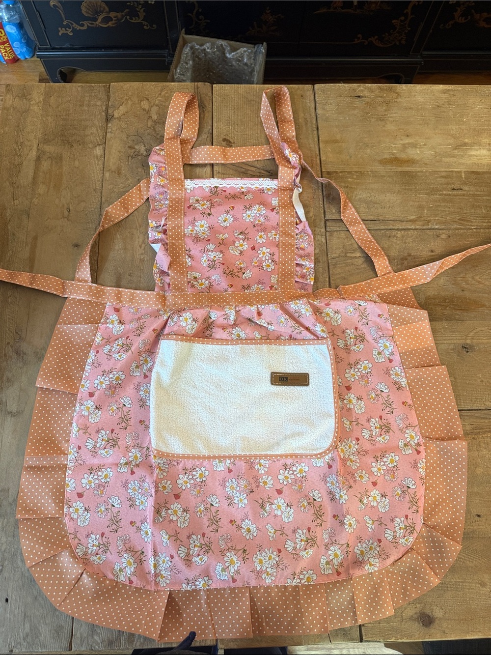 Women's Pink Floral Ruffled Apron with Front Pocket